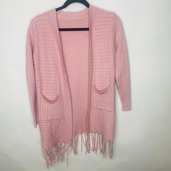 Pink Cable Knit Boho Long Cardigan Duster Sz ? Small Fringe - Picture 5 of 7